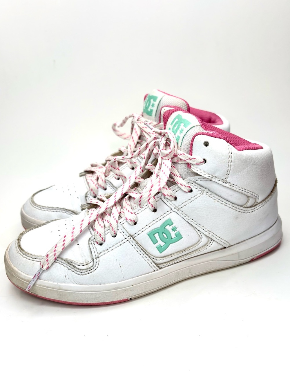 DC White High-Top Kids Sneakers with Pink Laces | 6.5